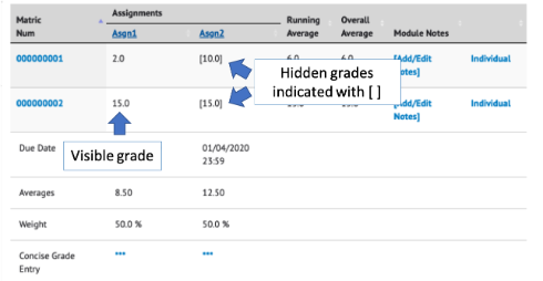 An example of the coursework overview page with tags indicating CW marks that are hidden from students